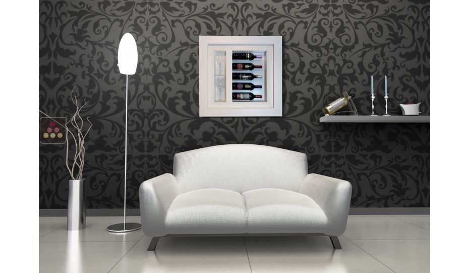 Silent refrigerated wine frame display for 5 bottles and 2 glasses