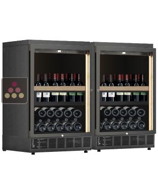 Combination of 2 built-in single temperature wine cabinets for wine storage or service with a sliding shelves for standing bottles CALICE