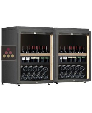 Combination of 2 single temperature wine cabinets for wine storage or service with a sliding shelves for standing bottles CALICE