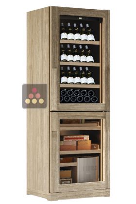 Free standing combination of a single temperature wine cabinet and cigar humidor
