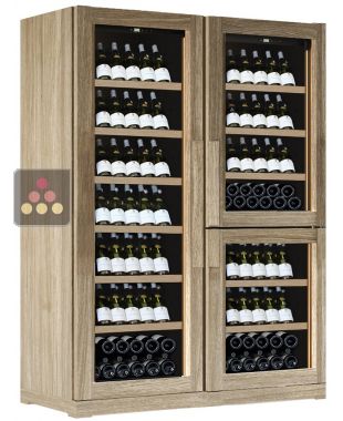 Combined 3 Single temperature wine service or storage cabinets - Wood cladding - Inclined bottle display CALICE