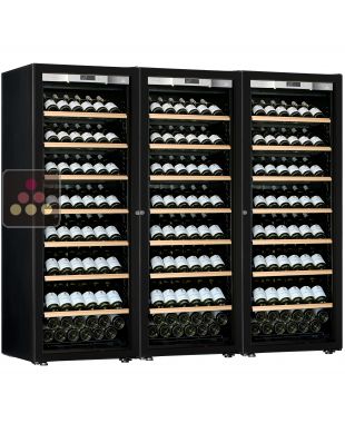 Combination of a 3 single temperature ageing or service wine cabinets - Full Glass door - Inclined bottles display TRANSTHERM