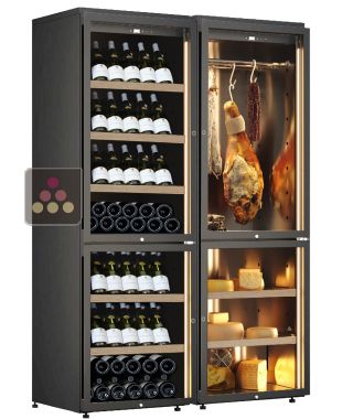 Free standing combination of 2 wine cabinets, a cheese and cured meat cabinet - Inclined bottle display CALICE
