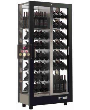 Professional multi-temperature wine display cabinet - 4 glazed sides - Inclined ans standing bottles - Wooden cladding CALICE DESIGN