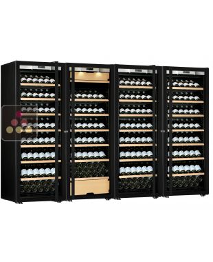 Combination of a 4 single temperature ageing or service wine cabinets - Full Glass door - Inclined bottles TRANSTHERM