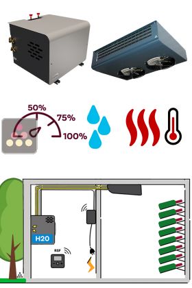 Air conditioner for natural wine cellar 1130 Watts - ceiling unit cooler - Water-cooled condensing - Cold, humidifier and heating 