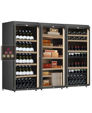 Combination of 2 single-temperature wine cellars for service or storage with drawers for standing bottles and 1 cigar cellar CALICE