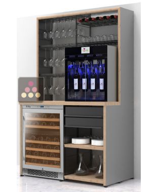 Arrangement of counter for glass wine dispenser, wine cooler and glasses Ma Cave à Vin