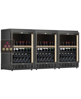 Combination of 3 built-in single temperature wine cabinets for wine storage or service with a sliding shelves for standing bottles CALICE