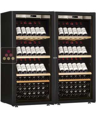 Combination of 2 single temperature wine ageing or service cabinets - Inclined shelves - Full Glass door TRANSTHERM