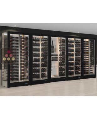 Combination of 5 professional multi-purpose wine display cabinet for central installation - 4 glazed sides - Horizontal/inclined/mixt bottles - Magnetic and interchangeable cover CALICE DESIGN