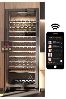 Built in single temperature connected wine cabinet for service and storage with smart shelves