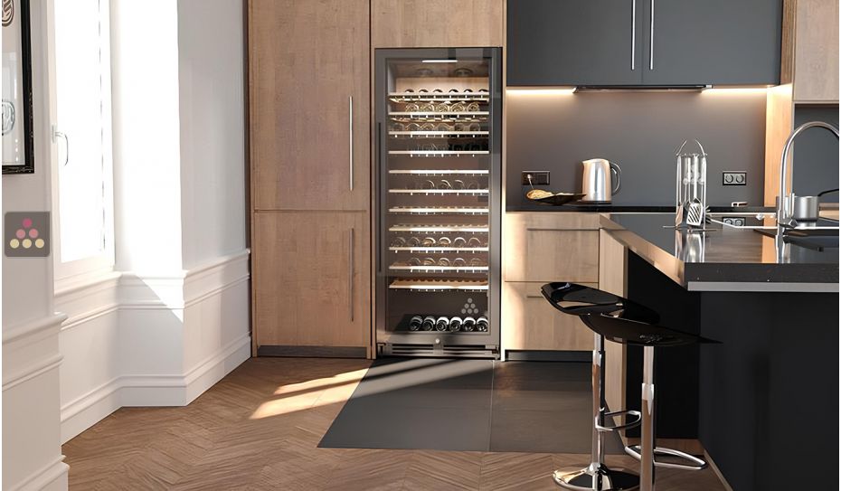 Built in single temperature connected wine cabinet for service and storage with smart shelves