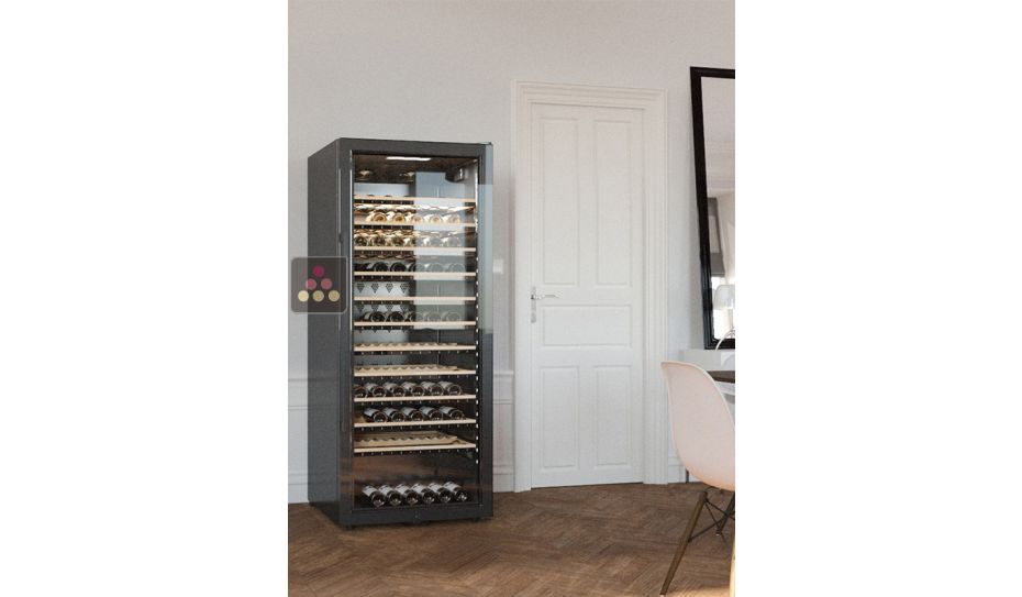 Single temperature connected wine cabinet for service and storage with smart shelves
