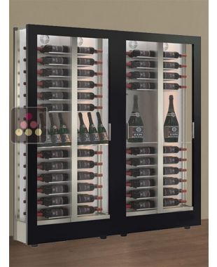 Combination of 2 professional multi-temperature wine display cabinets - 36cm deep - 3 glazed sides - Mixed shelves - Magnetic and interchangeable cover CALICE DESIGN