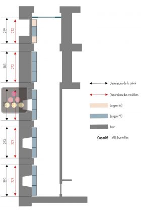 5 Arrangement of 1701 bottles cellars with wood Trays - Specific manufacturing - Essentiel System - H=90cm 