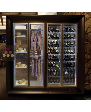 Combination of 2 professional refrigerated display cabinets for wine, cheese and cured meat - Central installation - Curved frame CALICE DESIGN