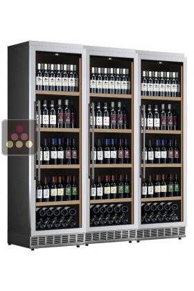 Built-in combination of 3 conservation or service wine cabinet - Stainless steel cladding - Vertical bottles