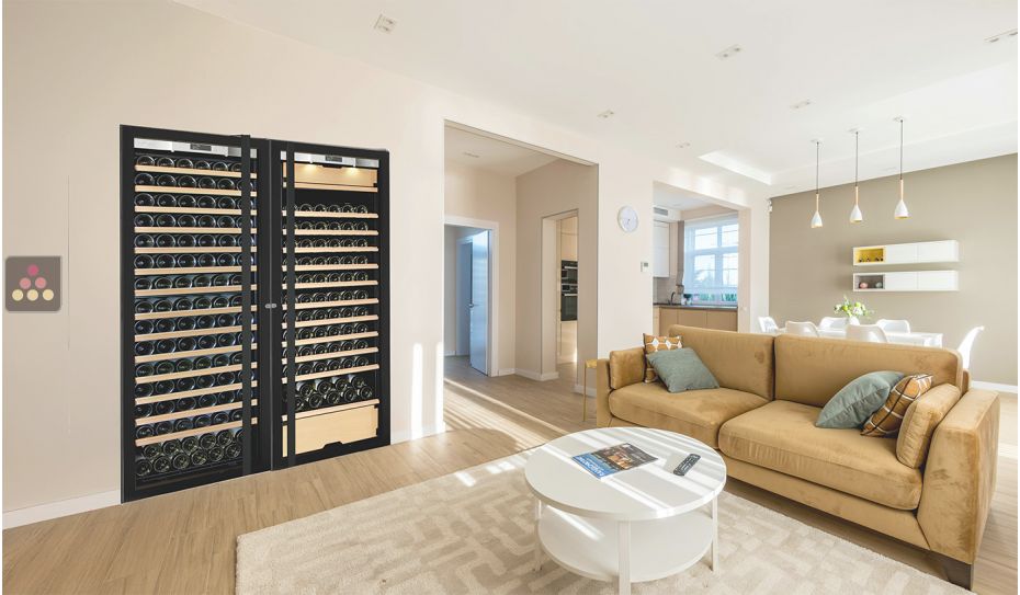 Built-in combination of a single temperature wine cabinet and a 3 temperatures multipurpose wine cabinet - Sliding shelves - Full Glass door