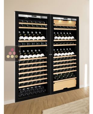 Built-in combination of a single temperature wine cabinet and a 3 temperatures multipurpose wine cabinet - Inclined/sliding shelves - Full Glass door TRANSTHERM