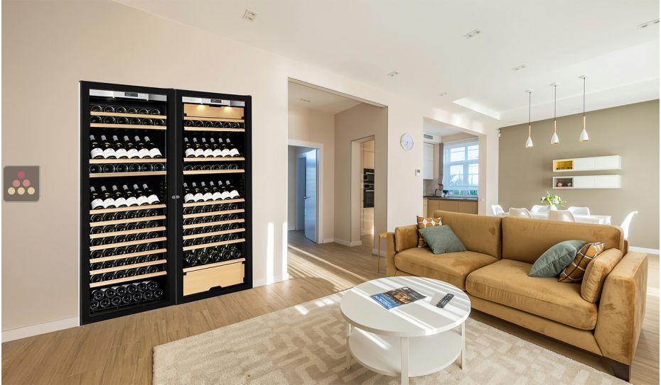 Built-in combination of a single temperature wine cabinet and a 3 temperatures multipurpose wine cabinet - Inclined/sliding shelves - Full Glass door