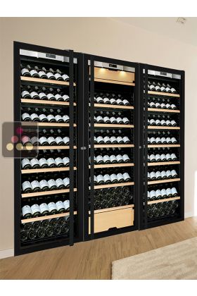 Built-in combination of two single temperature wine cabinets and a 3 temperatures multipurpose wine cabinet - Inclined bottles - Full Glass door