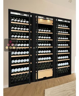 Built-in combination of two single temperature wine cabinets and a 3 temperatures multipurpose wine cabinet - Inclined bottles - Full Glass door TRANSTHERM