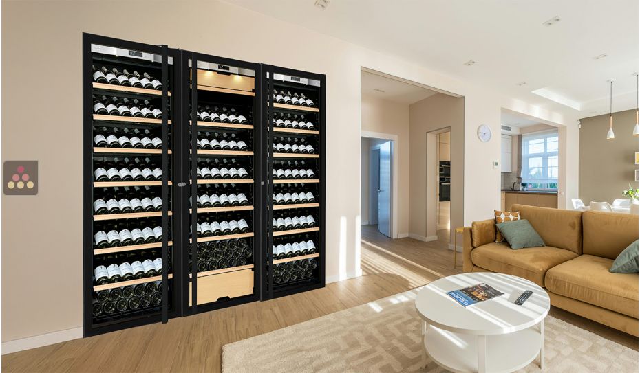 Built-in combination of two single temperature wine cabinets and a 3 temperatures multipurpose wine cabinet - Inclined bottles - Full Glass door