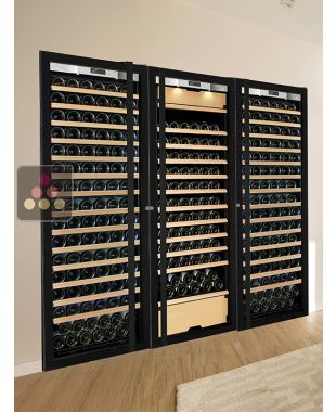 Built-in combination of a 2 single temperature wine cabinet and a 3 temperatures multipurpose wine cabinet - Sliding shelves - Full Glass door TRANSTHERM