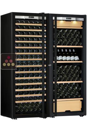 Combination of a single temperature wine cabinet and a 3 temperatures multipurpose wine cabinet - Sliding shelves - Full Glass door