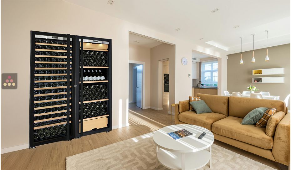 Built-in combination of a single temperature wine cabinet and a 3 temperatures multipurpose wine cabinet - mxite shelves - Full Glass door