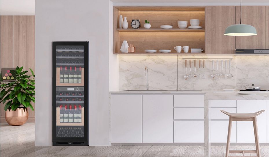 Built-in dual temperature wine service or storage cabinet with drawers