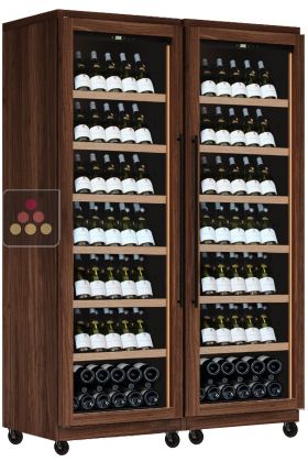 Combination of 2 Single temperature wine service or storage cabinets - Inclined bottles - Roller feet