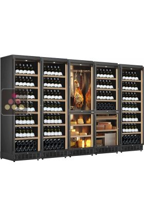 Built-in combination of 3 wine service or storage cabinets with 3 serving or storage temperatures, a 2-temperature cellar for cold cuts and cheese, and a 2-temperature cellar for wine and cigars