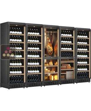 Built-in combination of 3 wine service or storage cabinets with 3 serving or storage temperatures, a 2-temperature cellar for cold cuts and cheese, and a 2-temperature cellar for wine and cigars CALICE