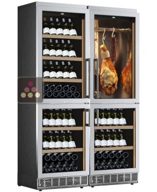 Built-in combination of 3 wine cabinets and a cold cuts cabinet - Stainless steel front - Inclined bottle display CALICE
