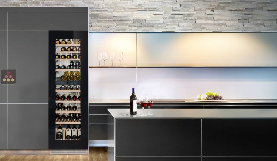 Multi-purpose wine cabinet for the storage and service of wine - can be fitted - Black glass door.

