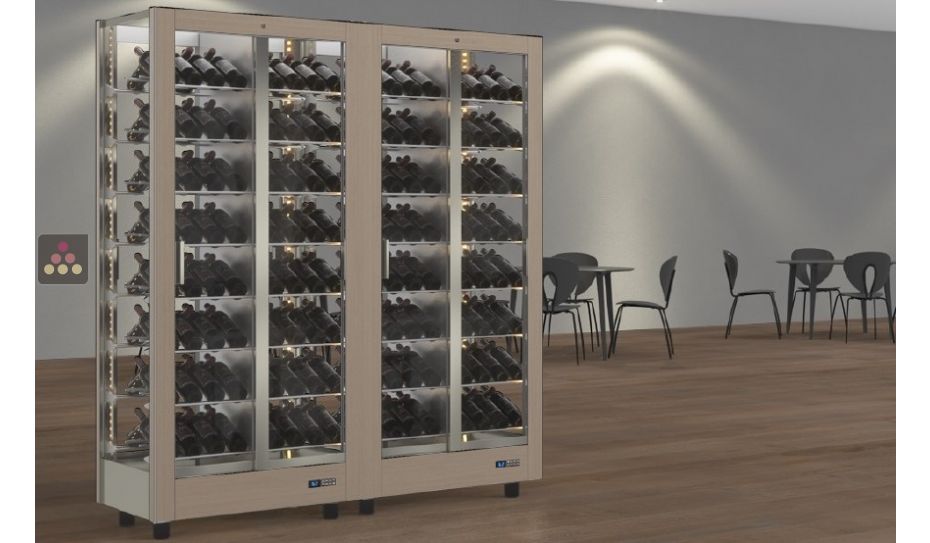 Combination of 2 professional multi-temperature wine display cabinets - 4 glazed sides - Inclined bottles - Magnetic and interchangeable cover