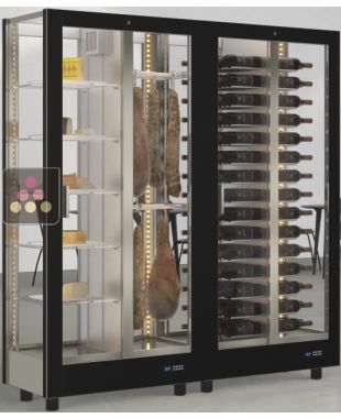 Combination of 2 professional refrigerated display cabinets for wine, cheese and cured meat - 4 glazed sides - Magnetic cover interchangeable CALICE DESIGN