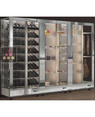 Combination of 3 professional refrigerated display cabinets for wine, cheese/cured meat and snack/desserts - 3 glazed sides - Magnetic and interchangeable cover CALICE DESIGN