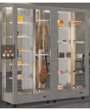 Combination of 2 professional refrigerated display cabinets for cheese/cured meat and snack/desserts - 4 glazed sides - Magnetic and interchangeable cover CALICE DESIGN