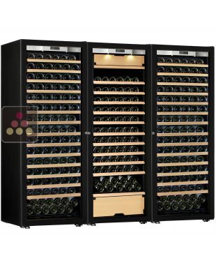 Combination of a 2 single temperature wine cabinet and a 3 temperatures multipurpose wine cabinet - Sliding shelves - Full Glass door TRANSTHERM