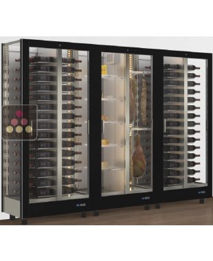 Combination of 3 professional refrigerated display cabinets for wine, cheese and cured meat - 3 glazed sides - Magnetic and interchangeable cover CALICE DESIGN