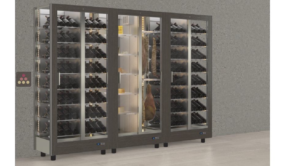 Combination of 3 professional refrigerated display cabinets for wine, cheese and cured meat - 3 glazed sides - Magnetic and interchangeable cover