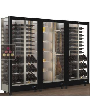Combination of 3 professional refrigerated display cabinets for wine, cheese and cured meat - 3 glazed sides - Magnetic and interchangeable cover CALICE DESIGN