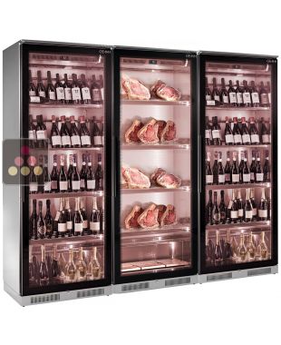 Combination of 2 wine cabinet and a refrigerated display cabinet for meat maturation BRERA