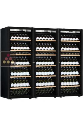 Combination of a 3 single temperature ageing or service wine cabinets - Full Glass door - Inclined bottles display