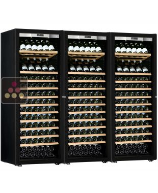 Combination of a 3 single temperature ageing or service wine cabinets - Full Glass door - Inclined and Sliding shelves TRANSTHERM