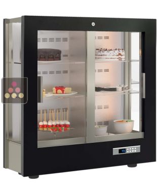 Professional refrigerated display cabinet for dessert and snacks - 3 glazed sides - 36cm deep - Wooden cladding CALICE DESIGN