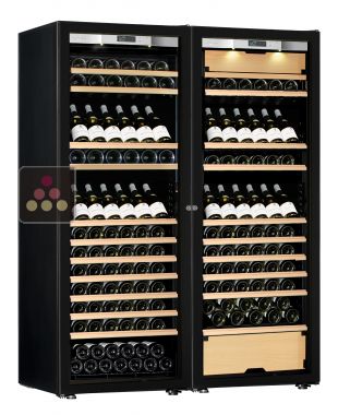 Combination of a single temperature wine cabinet and a 3 temperatures multipurpose wine cabinet - Inclined/sliding shelves - Full Glass door TRANSTHERM